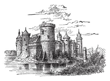 Castle, bina inşa kovucu saldırı, sabit encampments, askeri amaçlı sadece, vintage çizgi çizme veya illüstrasyon oyma.