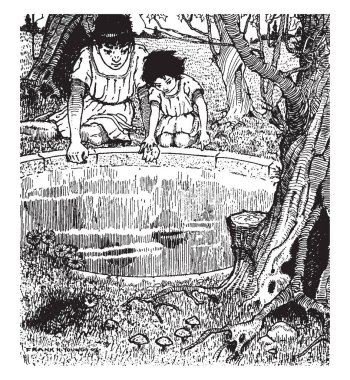 Chimera, bu sahneyi iki çocuk kuyuya, seyir gösterir ağaç ve mantar iyi yakınındaki, vintage satır çizim veya gravür illüstrasyon