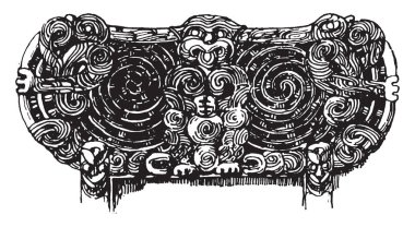 Pencere kafa ahşap pencere, vintage çizgi çizme veya oyma illüstrasyon oyulmuştur.