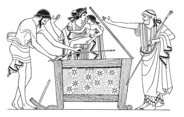 Danae is seen along with Perseus. They are locked in the wooden chest by Danae?s father, king Acrisius of Argos and Queen Eurydice, in Greek mythology, vintage line drawing or engraving illustration. clipart