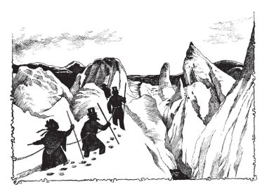 Bir grup insan dağlar, vintage çizgi çizme veya oyma illüstrasyon yoluyla hiking