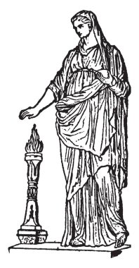 Rahibe Roma Tanrıça Vesta, eski bir resmini Vesta bakiresi, vintage çizgi çizme veya oyma illüstrasyon olarak bilinen.