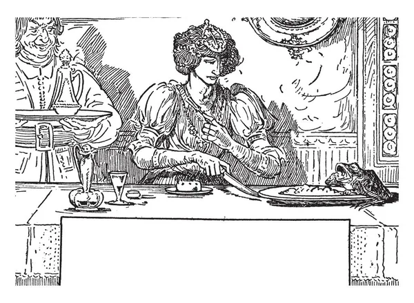 カエル王子 このシーンは ダイニング テーブル テーブル つの手 お皿やテーブル ビンテージの線描画や彫刻イラスト上に保存瓶にナイフを保持している女性を食べるカエルの椅子に座っている女性を示しています — ストックベクタ