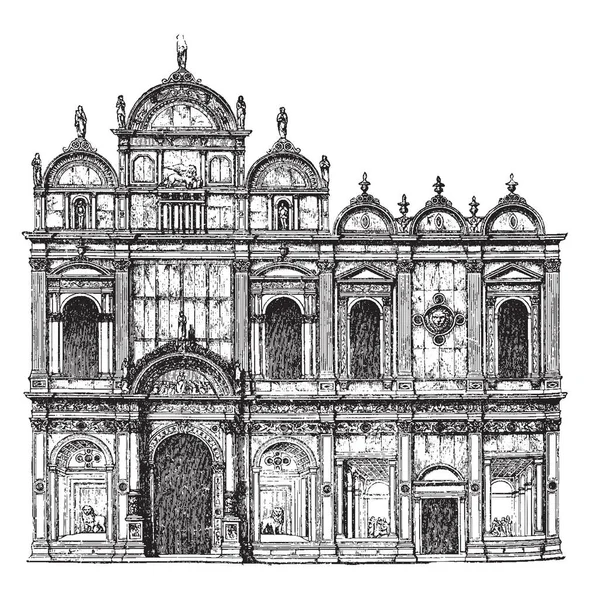 意大利比萨圣乔瓦尼大杰利斯塔 圣马可 装饰方法是奇特的这些建筑 借用拜占庭模型 各种颜色的精细大理石 复古线条画或雕刻插图 — 图库矢量图片
