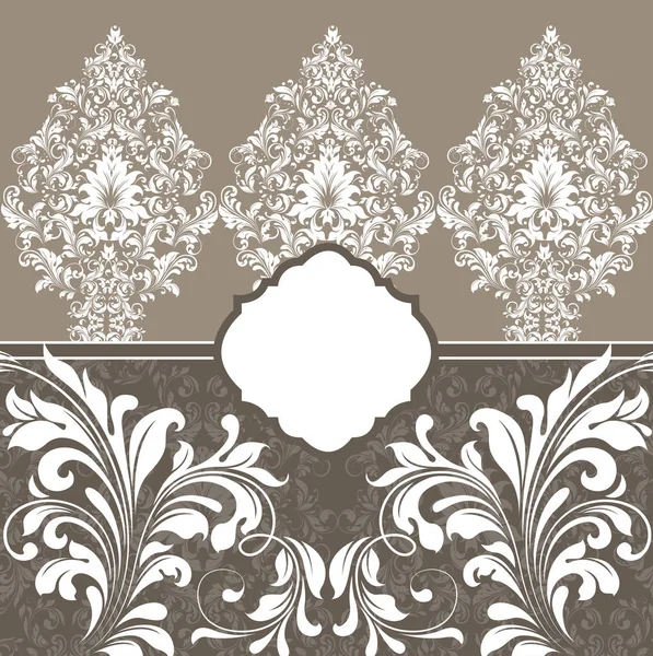 華やかなエレガントなレトロな抽象的な花柄 白い花と茶色灰色の背景に葉を持つヴィンテージの招待状 ベクトル図 — ストックベクタ