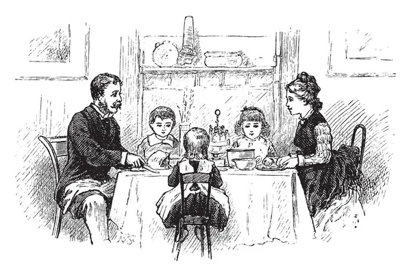 Rodina Večeři Vintage Kreslení Čar Nebo Gravírování Obrázku — Stockový vektor