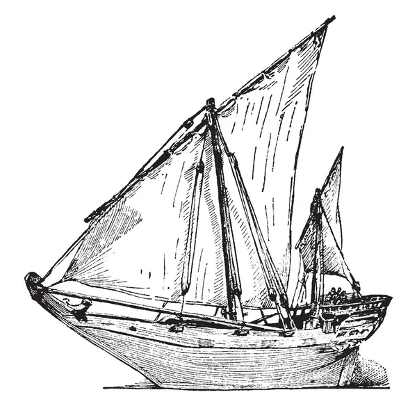 Baggala はビンテージ ライン描画 インド洋での取引やイラストを彫刻に使用される つのマスト アラビアのボート — ストックベクタ