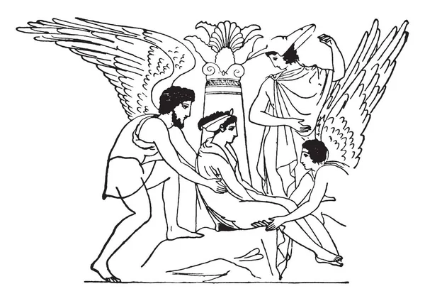 アテネ Lecythus 古代ギリシャの壺の一種で ビンテージの線描画や彫刻イラストの多色図と飾られて墓に預金するために特に作られたギリシャ花瓶 — ストックベクタ