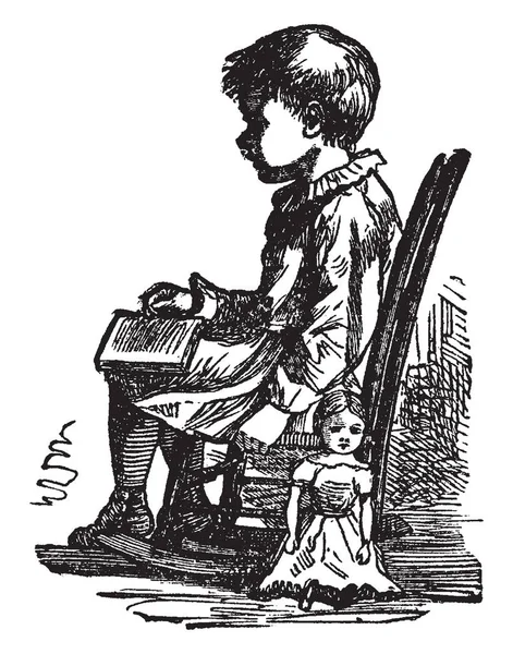 リトル ジャック ダンディ この写真は 小さな男の子が椅子に座って ビンテージの線描画や彫刻イラストに近い人形を保持を示しています — ストックベクタ