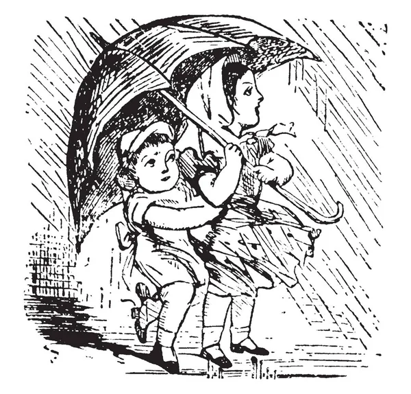 Pluie Pluie Cette Image Deux Enfants Marchant Sous Pluie Sous — Image vectorielle