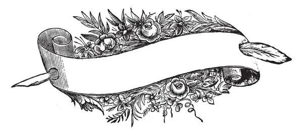 Цветочный Баннер Рисунком Перьев Винтажной Линией Гравировкой — стоковый вектор