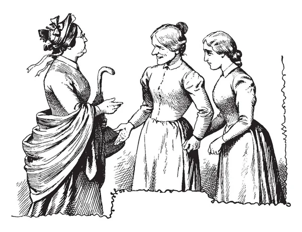 Три Женщины Разговаривают Одна Держит Зонтик Рисунок Винтажной Линии Гравировку — стоковый вектор