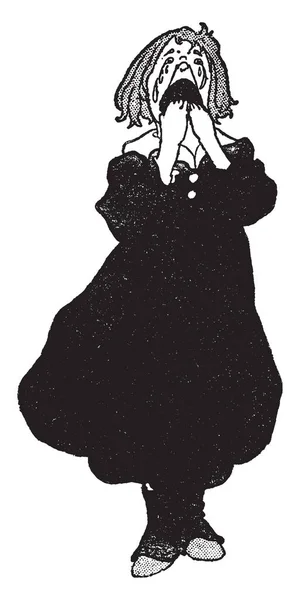 Ребенок Плачет Обе Руки Рту Рисунок Винтажной Линии Гравировка Иллюстрации — стоковый вектор