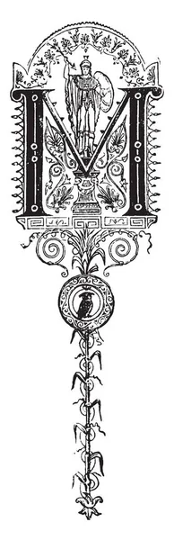 人盾と槍 ビンテージの線画の下に鳥を保持するか 図の彫刻と装飾的な大文字 — ストックベクタ