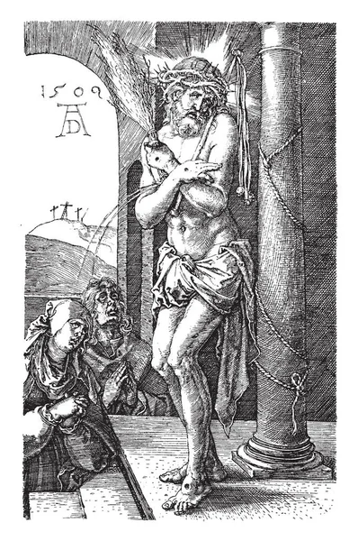 悲しみの男は 1509年にアルブレヒト ドラーによって彫刻され ヴィンテージ線画や彫刻イラストです — ストックベクタ