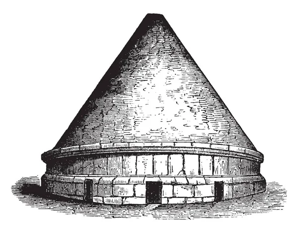 Tumuli 에트루리아 아키텍처의 흥미로운 기념물 되었습니다 빈티지 그림에 원뿔도 바위에서 — 스톡 벡터