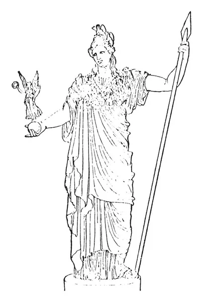希腊女神雕像显示雅典娜右手拿着一座耐克雕像 她左手拿着长矛 用复古线画或雕刻插图 — 图库矢量图片