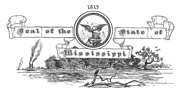 1817美国对密西西比州的海豹 在它的中心 它的翅膀展开得很宽 胸前有条纹的盾牌 树上的鸟座 葡萄酒线的绘制或雕刻 — 图库矢量图片