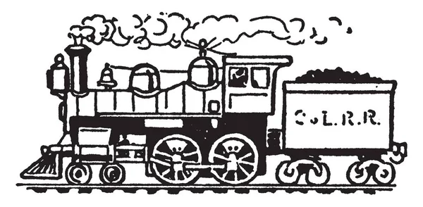 Locomotora Vapor Dibujo Línea Vintage Ilustración Grabado — Vector de stock