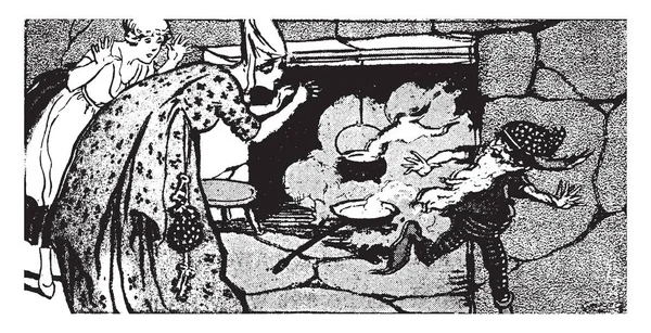 ヒルマン 長いひげと帽子立っている暖炉の近くの小さな男と つの暖炉の前で立っている女性 何かは暖炉やヴィンテージの線画イラストを彫刻でフライパンで料理はこのシーンを示しています — ストックベクタ