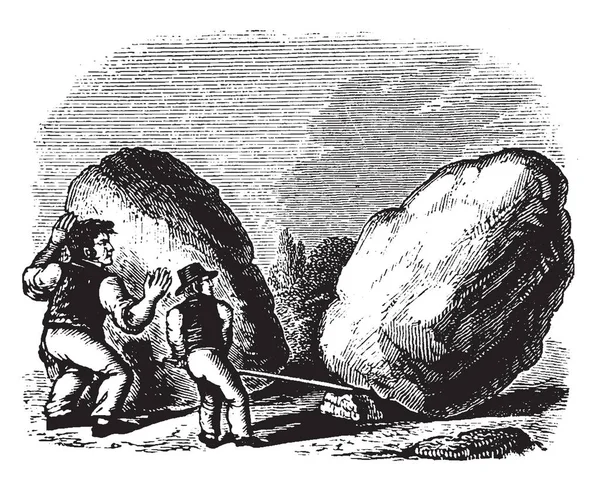 Dos Hombres Empujando Dos Grandes Rocas Dibujo Línea Vintage Ilustración — Archivo Imágenes Vectoriales