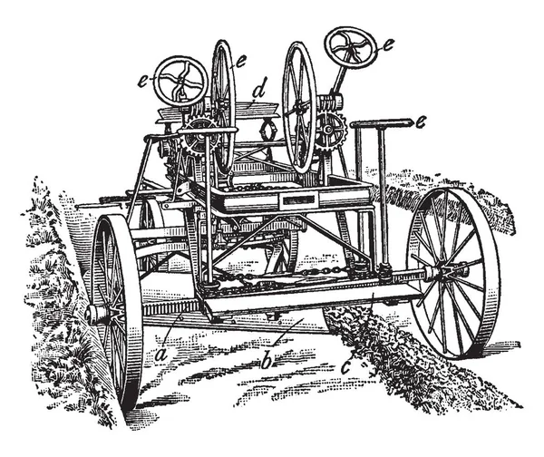 Road Machine Telescopic Axle Rear Wheels Vintage Line Drawing Engraving — Stock Vector