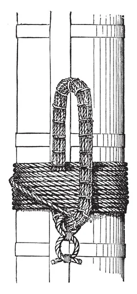 航海花环是一个大绳带或垫圈绑在一个 Spar 悬挂在船上 复古线条画或雕刻插图 — 图库矢量图片