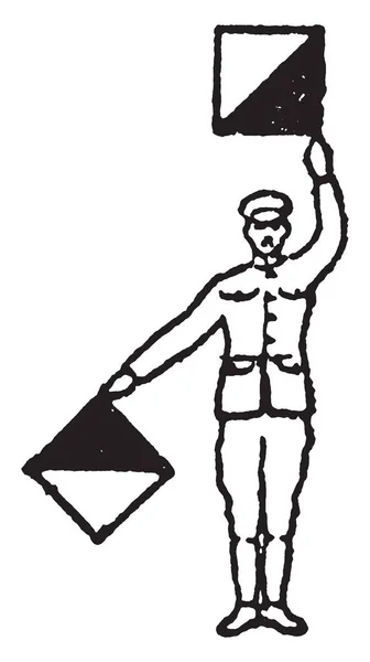 标志信号为负和字母 一个人持有两个旗帜 右手是在45度 左手是在180度在空气中 复古线条画或雕刻插图 — 图库矢量图片