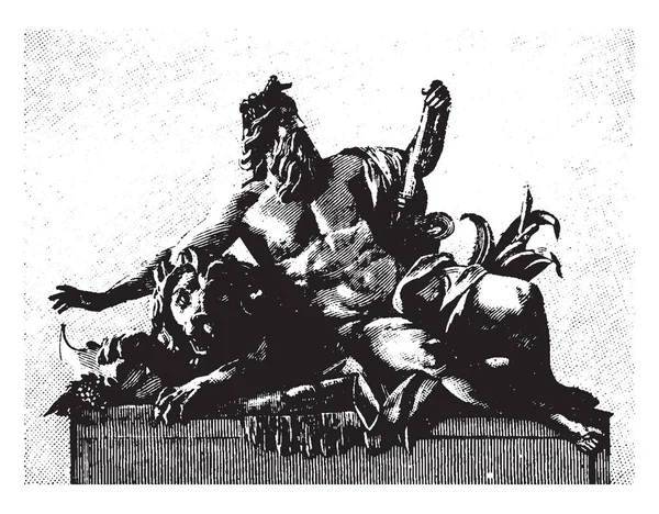 Ródano Era Una Escultura Hombre Luchando Contra León Dibujo Línea — Archivo Imágenes Vectoriales