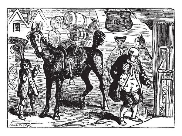 ジョン ギルピン このシーンは手 ビンテージの線描画や彫刻イラストで 二人の馬から行く別の男馬開催ホルターの近くに立って少し男を示しています — ストックベクタ
