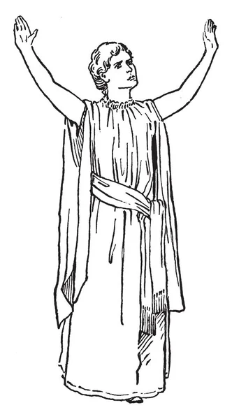 Жінка Піднімає Обидві Руки Жест Захоплення Або Привабливості Вінтажний Малюнок — стоковий вектор
