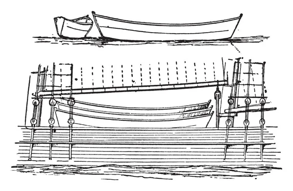 ドーリーは魚 ヴィンテージの線描画や彫刻の図をキャッチする大きい容器から出て 海漁業で使用される小さな平らな底ボート — ストックベクタ