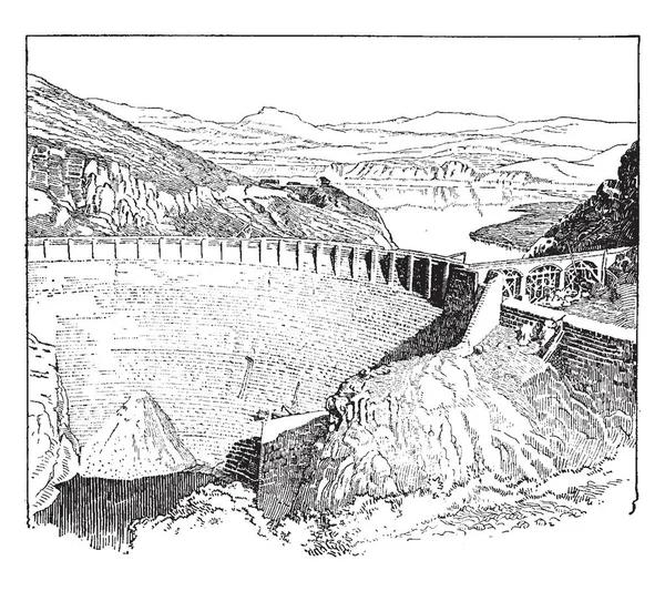 这是一个罗斯福水坝的形象 坐落在美国 复古线条画或雕刻插图 — 图库矢量图片
