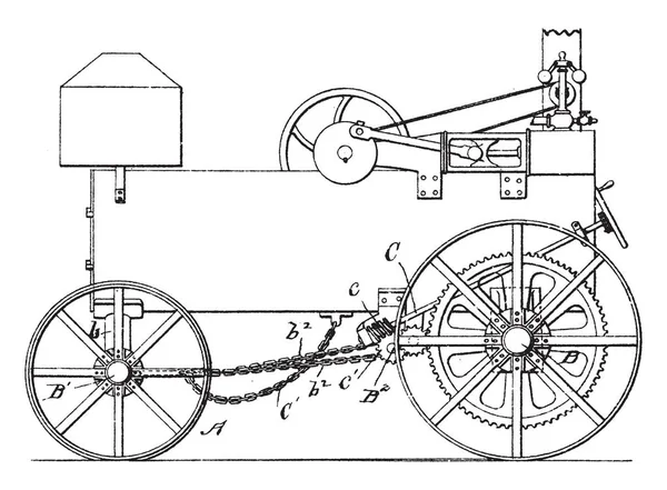 对于轮车道发动机的特点是牵引车轮曲轴适用于在车轮上连续旋转 复古线画或雕刻插图 — 图库矢量图片