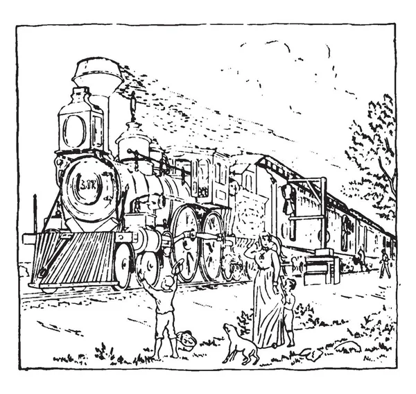 Ilustrację Pocztowych Systemu Pociągiem Vintage Rysowania Linii Lub Grawerowanie Ilustracja — Wektor stockowy