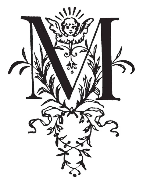 Цветочная Буква Ангелочком Рисунок Винтажной Линии Гравировка — стоковый вектор