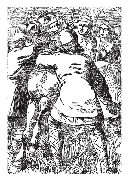 示していますこのシーン沼王の娘 男と女一緒に乗馬馬 抱きかかえたクロス ビンテージの線の描画を停止またはイラストを彫刻 — ストックベクタ