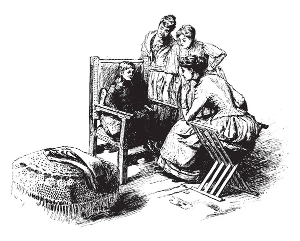 坐在椅子上的男孩和身边的三位女士 复古的线条画或雕刻插图 — 图库矢量图片