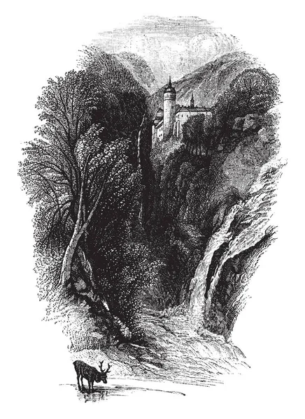 Valombre の滝はロジャースのジャクリーン ビンテージの線描画や彫刻イラストから — ストックベクタ