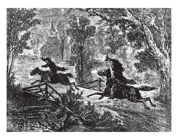 頭のない騎手 スリーピーホロウ このシーンを示して男に馬に乗って ビンテージの線描画や彫刻イラストで木の夜 彼の後ろにもう一つ頭のない騎手追われています — ストックベクタ