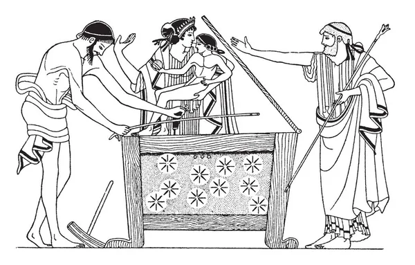 达奈和珀尔修斯一起被看到 在希腊神话中 达纳伊的父亲 阿尔戈斯国王阿克里斯图斯和欧里迪斯女王把它们锁在木制的箱子里 是复古的线条画或雕刻插图 — 图库矢量图片
