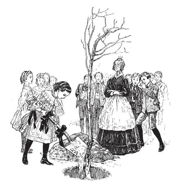School Children Planting Trees Arbour Day Vintage Line Drawing Engraving Vector Graphics