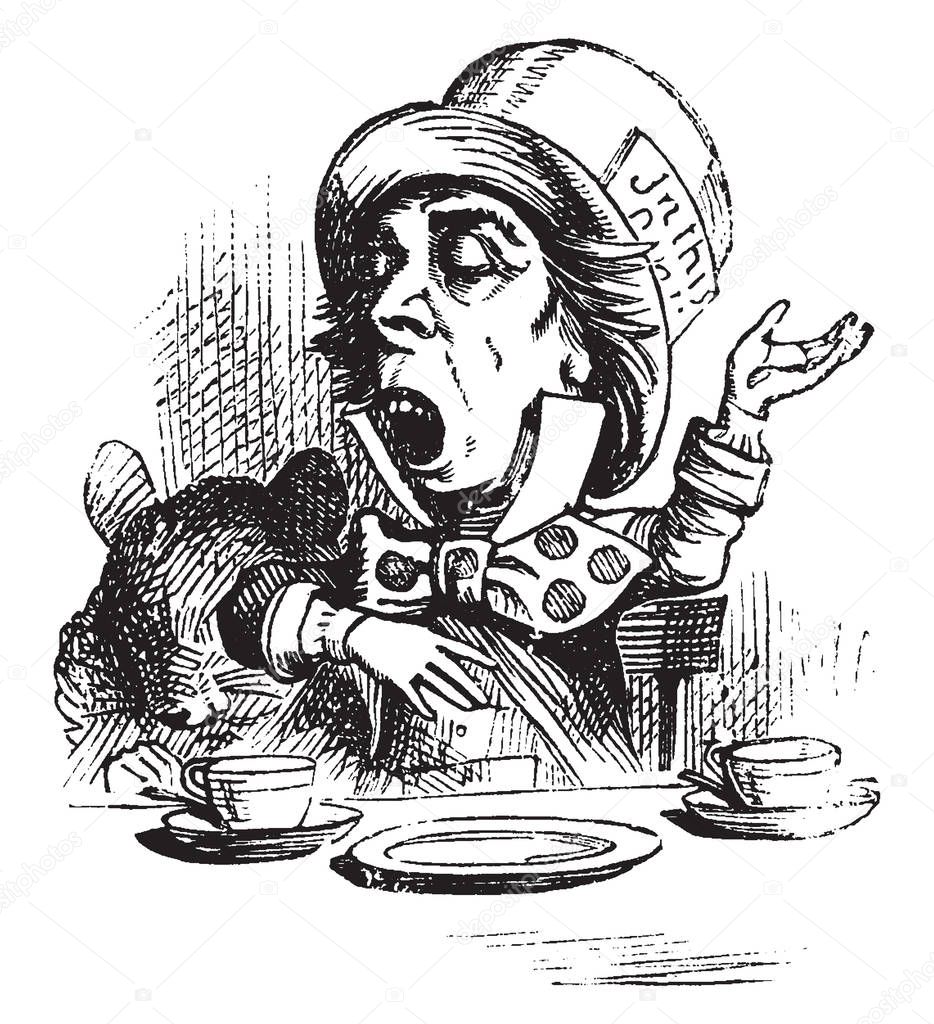 A seated man and table in front of him, two cups and plate placed on table, he is feeling sleepy, vintage line drawing or engraving illustration 