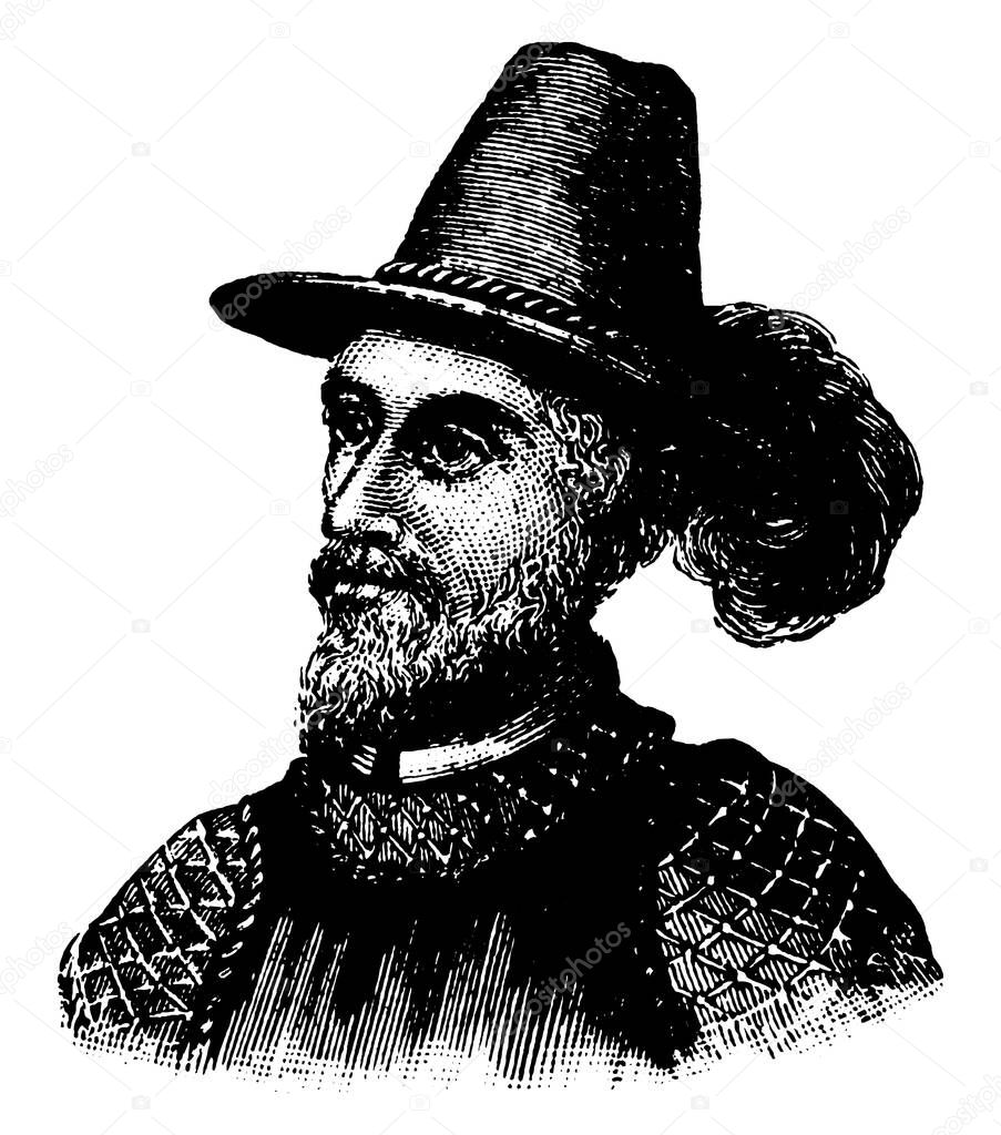 Ponce de Leon, 1474-1521, he was a Spanish explorer and conquistador and the first governor of Puerto Rico, vintage line drawing or engraving illustration