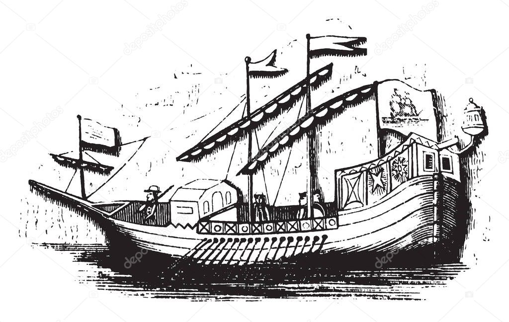 Spanish caravel is a small highly maneuverable sailing ship developed in the 15th century, vintage line drawing or engraving illustration.