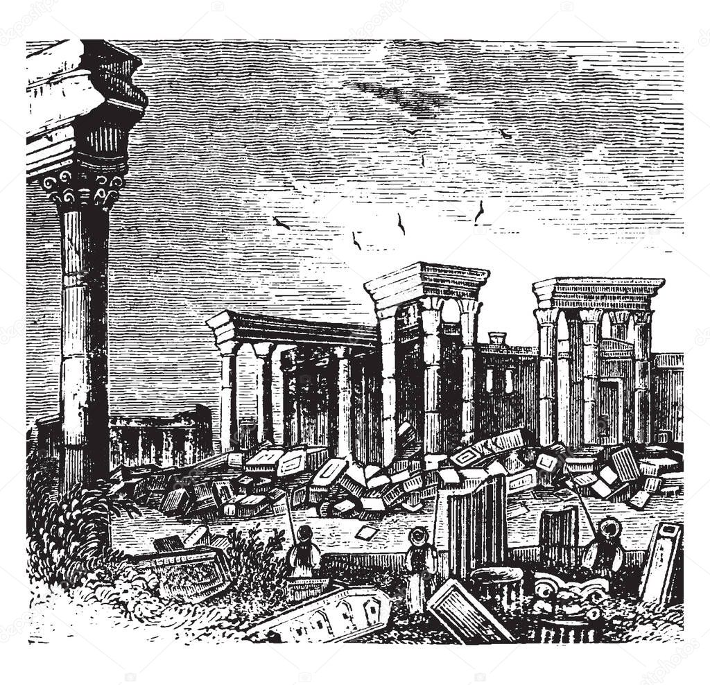 Palmyra is an ancient Semitic city in present day Homs Governorate in Syria, vintage line drawing or engraving illustration.