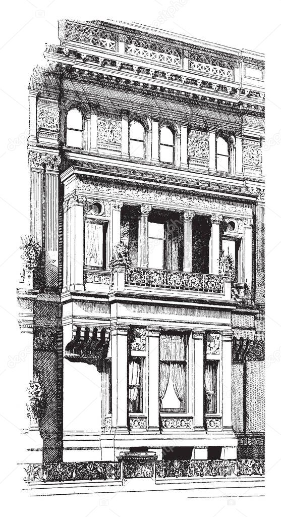 Recessed Balcony, new york, architecture, shadows, Landscape, house, vintage line drawing or engraving illustration.
