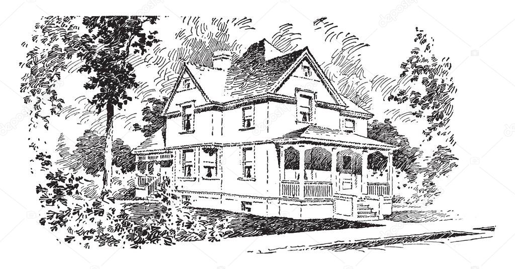 The Adele,  typical hipped roof, with gabled windows, exceptional amenities, the gourmet chef within,  vintage line drawing or engraving illustration.