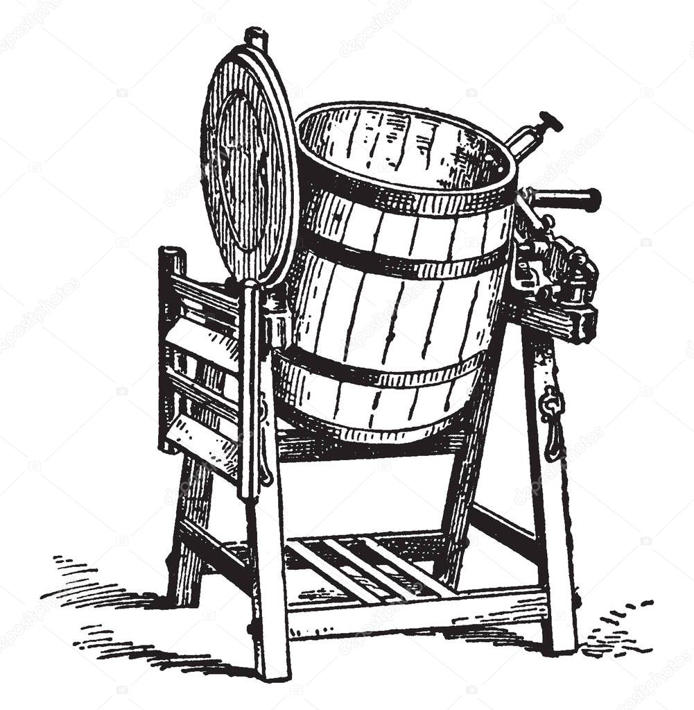 This illustration represents Churn which is a machine or container in which butter is made by agitating milk or cream, vintage line drawing or engraving illustration.