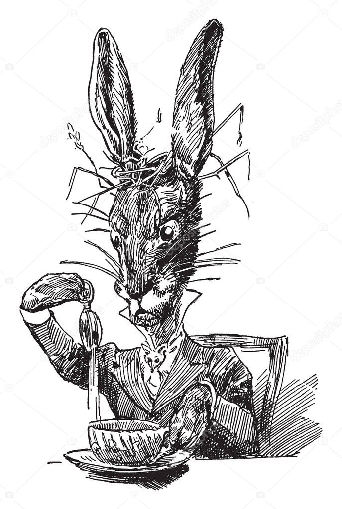 An animal wearing human dress sitting in chair and picking something from bowl kept on table, vintage line drawing or engraving illustration 